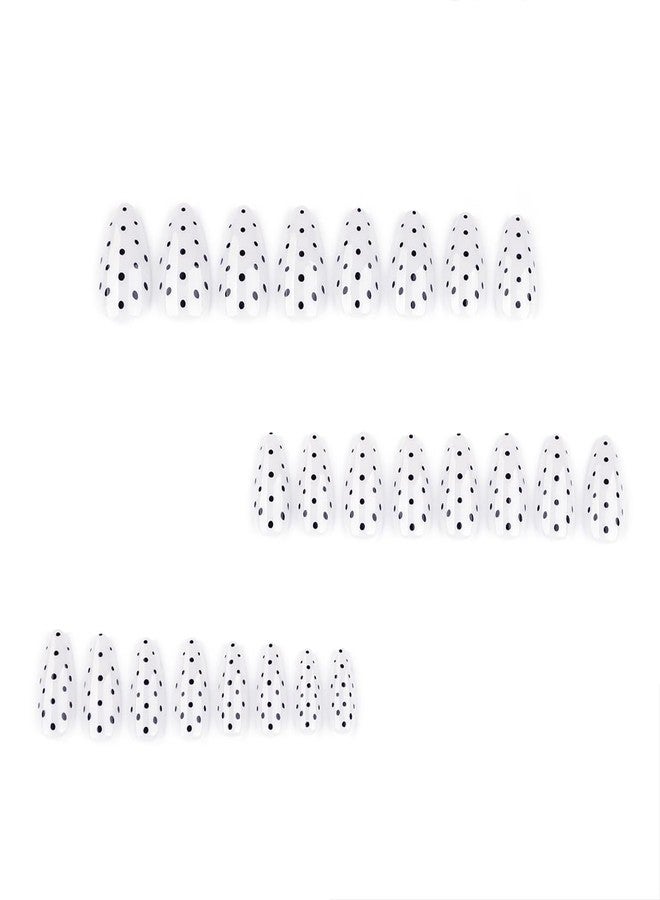 OSTTMA 24Pcs Polka Dot Press On Nails Almond Shape Fake Nails for Women, Glossy Acrylic Nail with Black Dots Design, Medium Length Glue On Nails Reusable Stick on Nail for Daily Wear Party - Image 4